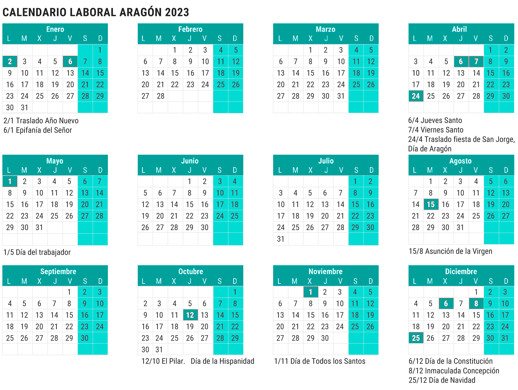 calendario laboral 2023 de Aragón