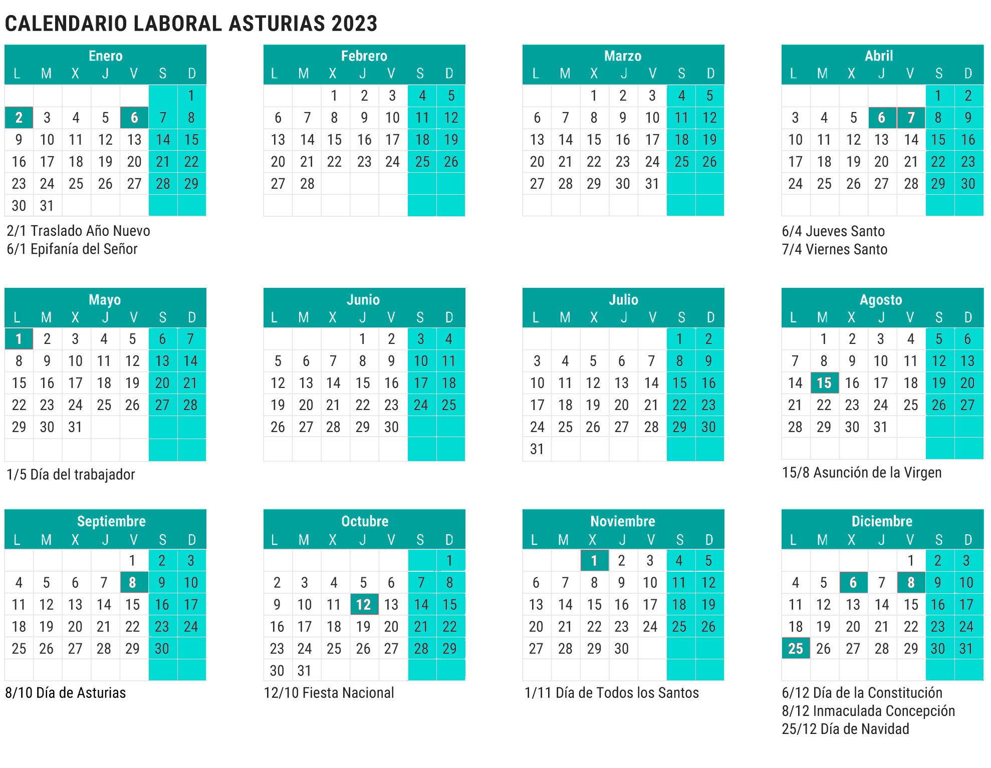 calendario laboral Asturias 2023