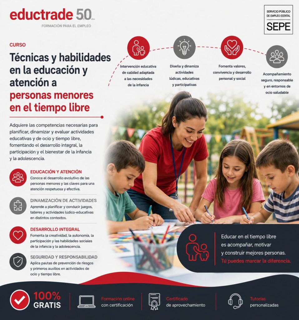 curso gratis online de Técnicas y habilidades en la educación y atención a personas menores en el tiempo libre SSCB0012 sector educación eductrade