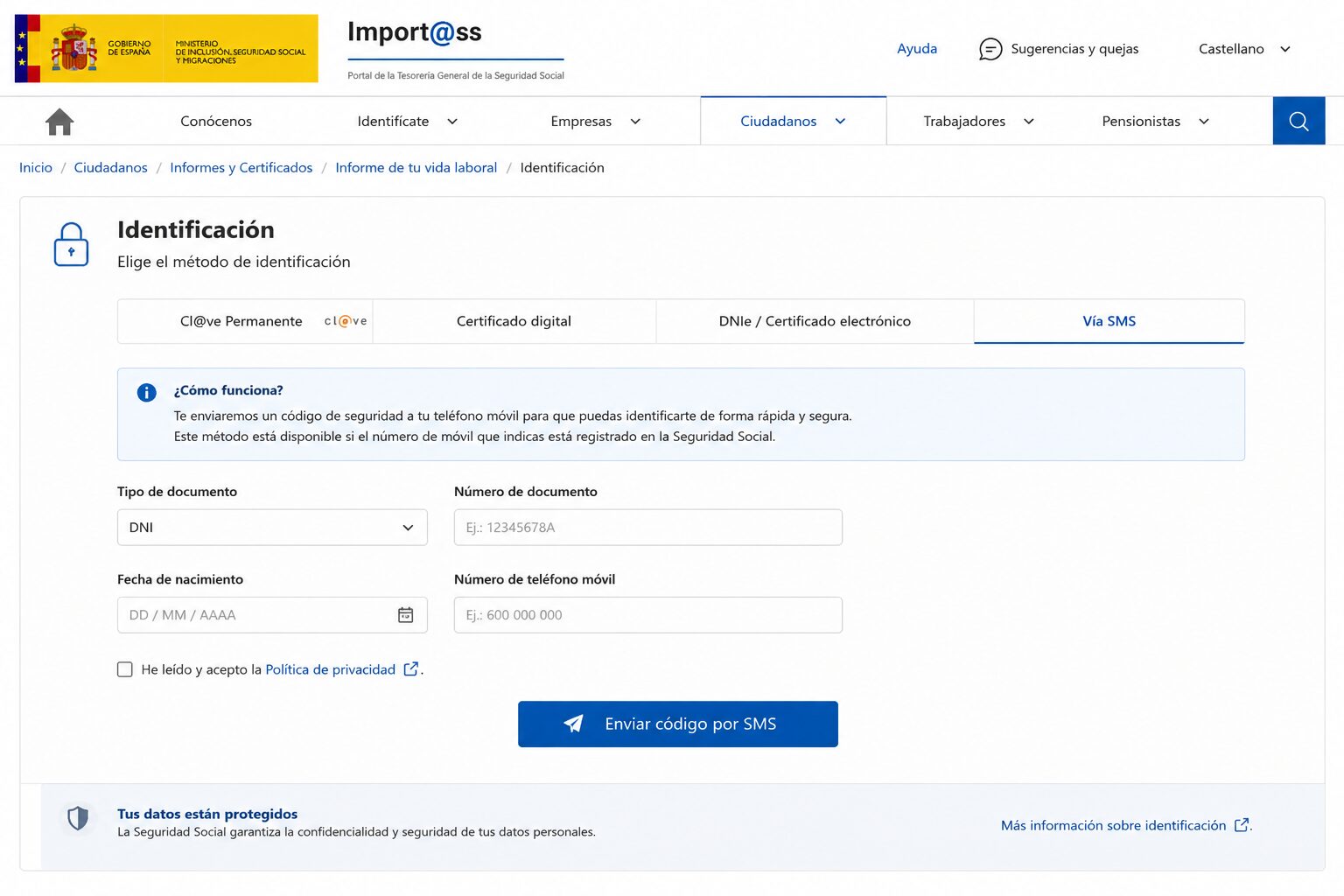 Pantalla de acceso por SMS para obtener la vida laboral