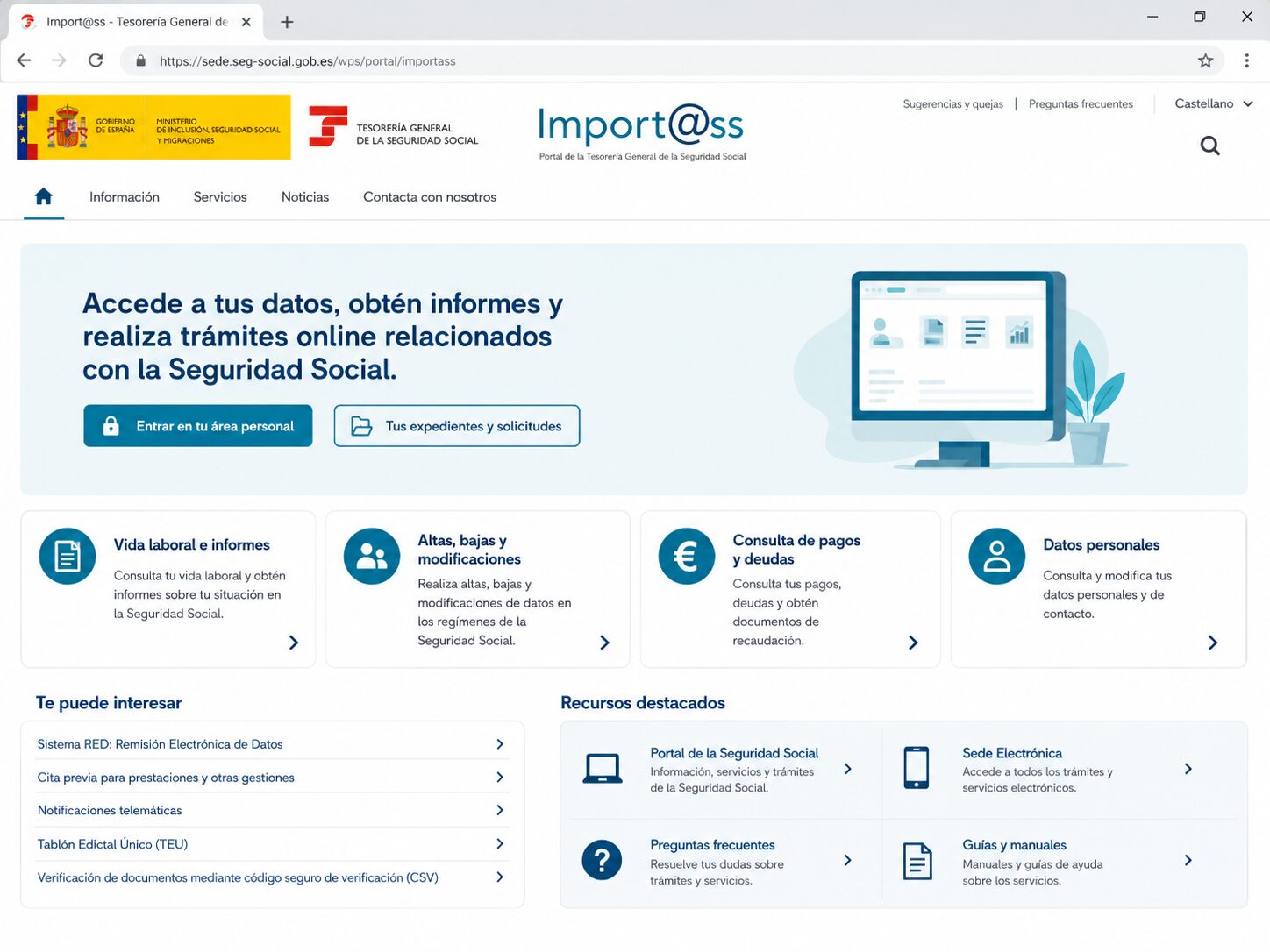 Página principal de Importass para acceder a vida laboral e informes