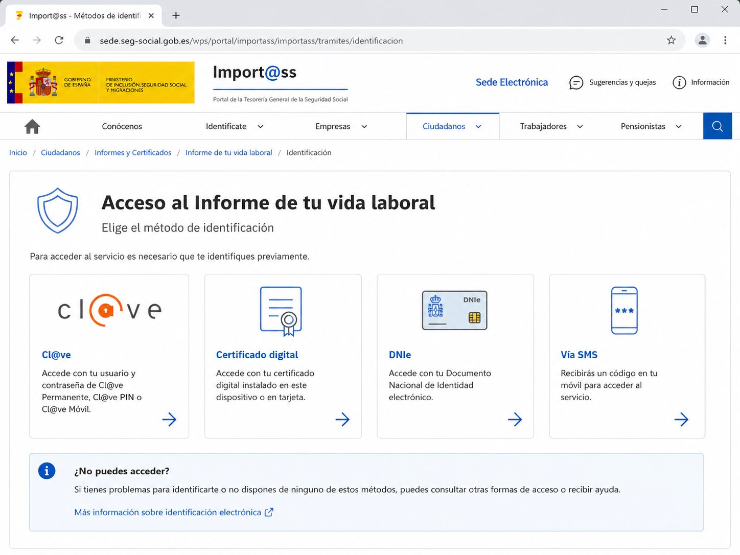 Métodos de identificación de la Seguridad Social: Clave, certificado digital, DNIe y SMS