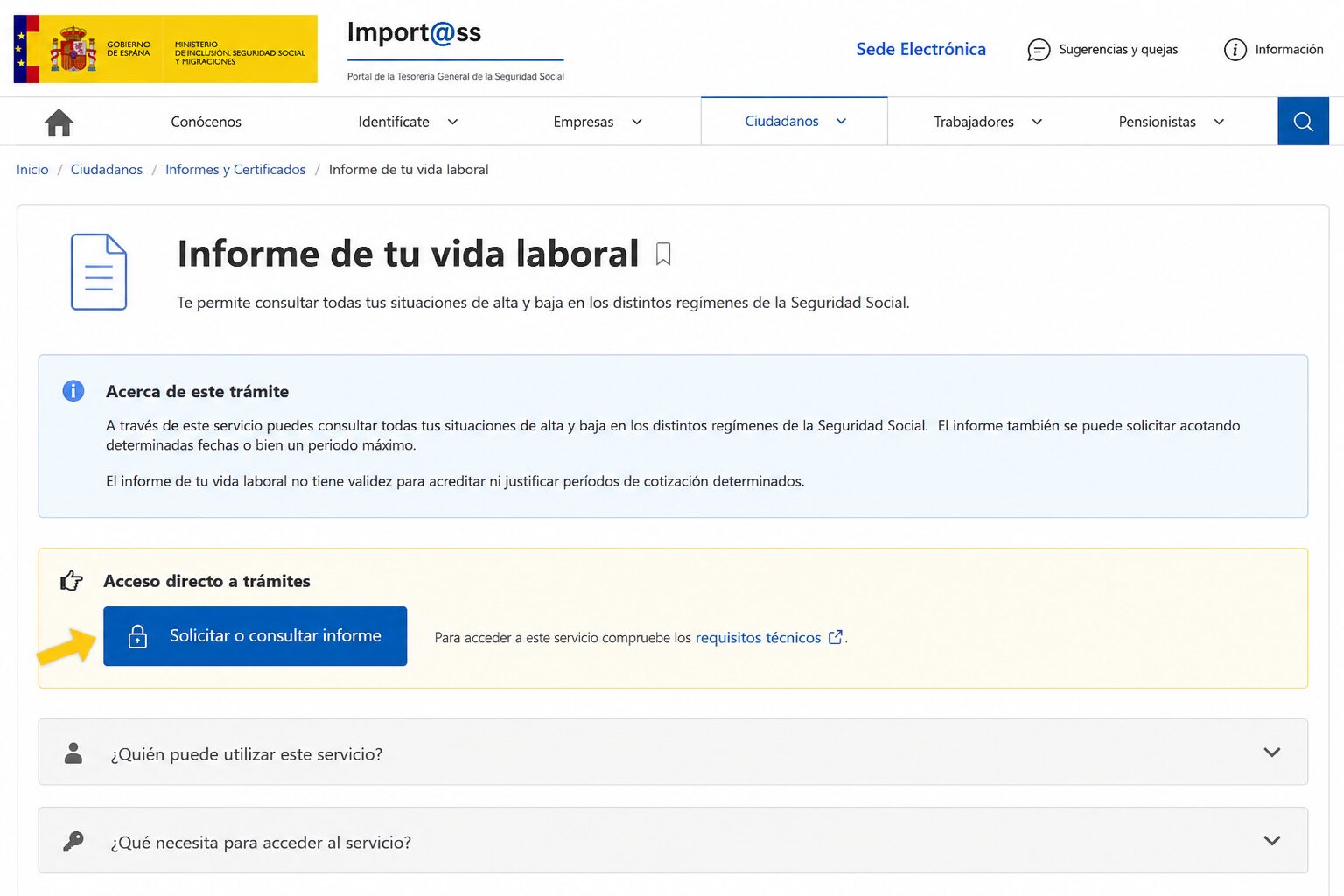 Botón para solicitar o consultar el informe de vida laboral