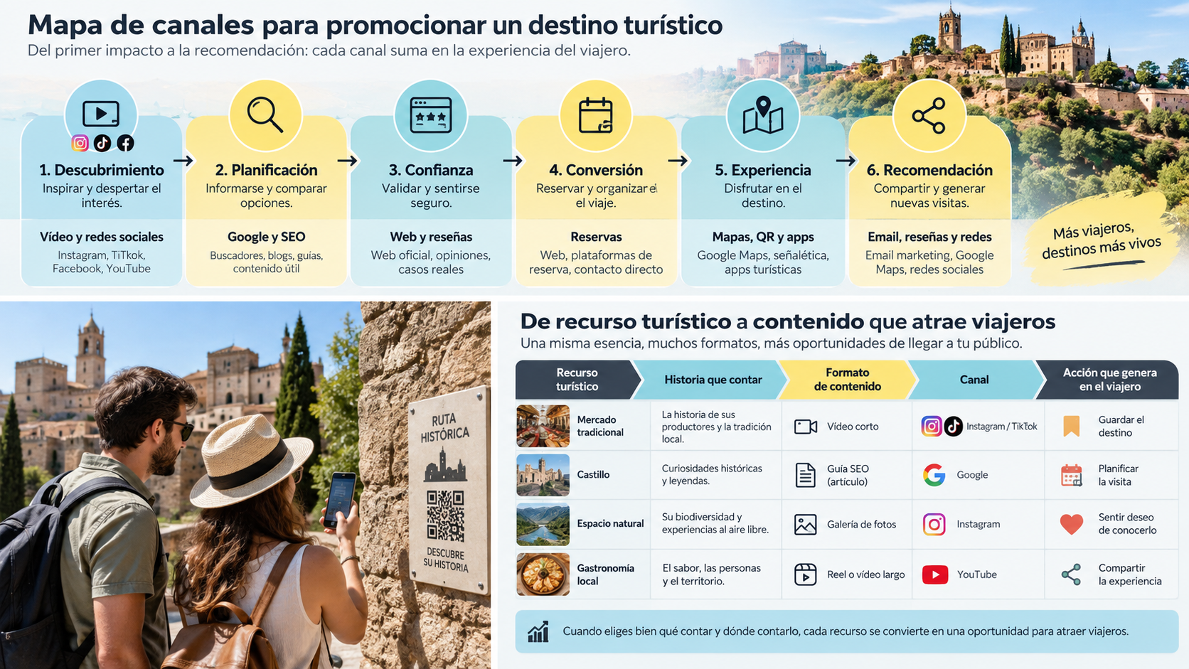 Diagrama de recurso turístico a contenido que atrae viajeros mediante historia formato canal y acción