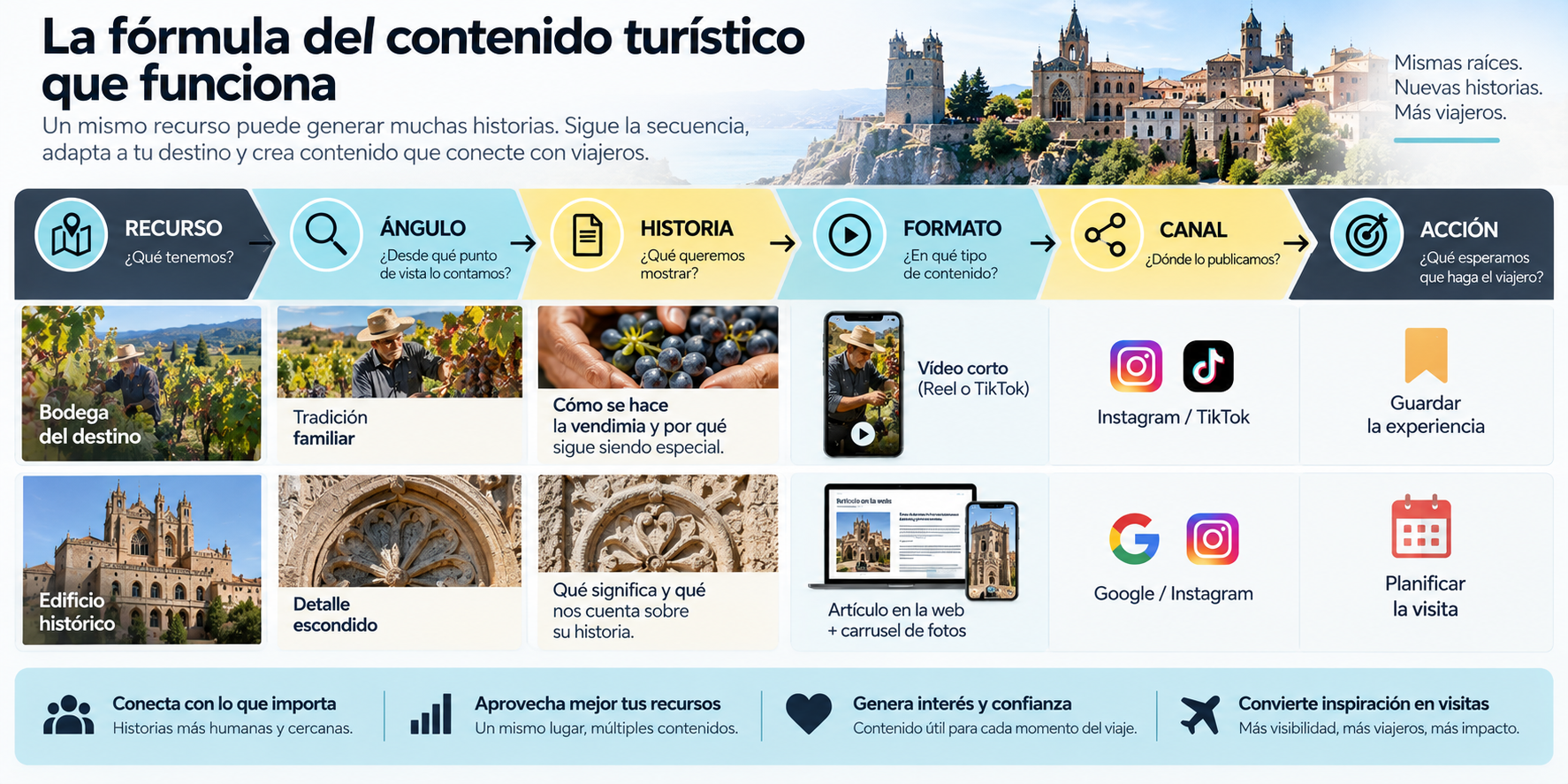 La fórmula del contenido turístico que funciona: recurso, ángulo, historia, formato, canal y acción