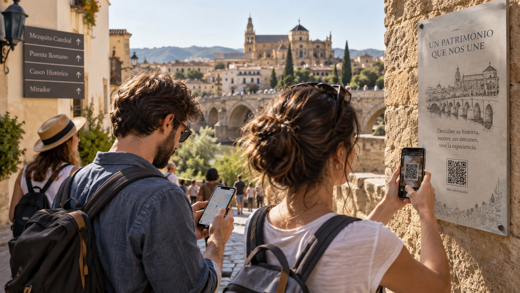 Visitantes utilizando un mapa digital y un código QR durante su visita a un destino patrimonial español